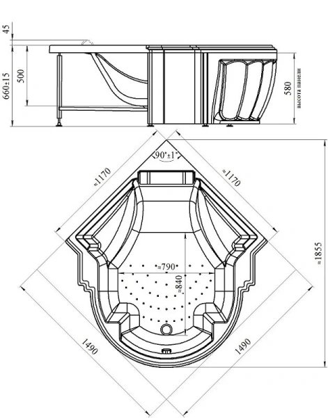 Акриловая ванна Fra Grande Монте-Карло-Bronze 4-01-4-0-0-402, 149 x 149 см, рама-подставка, подголовник, комплект панелей, молдинг, слив-перелив автомат, 12 форсунок Релакс бронза, контроллер 200, белая - фото 2