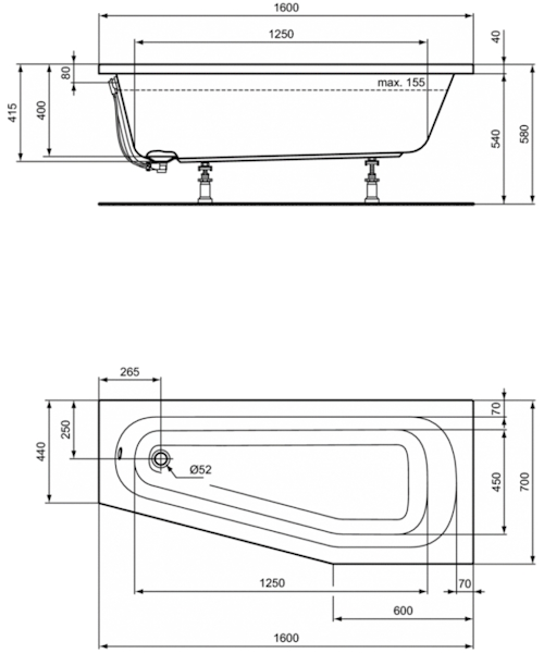 Ванна акриловая Ideal Standard Hotline K276 160х70 см встраиваемая - фото 3