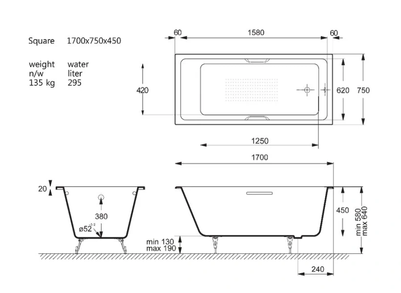 Чугунная ванна Vinsent Veron Square VSQ1707545H/VH0012CH-AS, 170 x 75 см, с антискользящим покрытием, ручки хром, цвет белый - фото 2