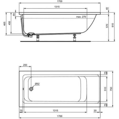 Ванна акриловая Ideal Standard Connect Air E1064 170х75 см встраиваемая - фото 4