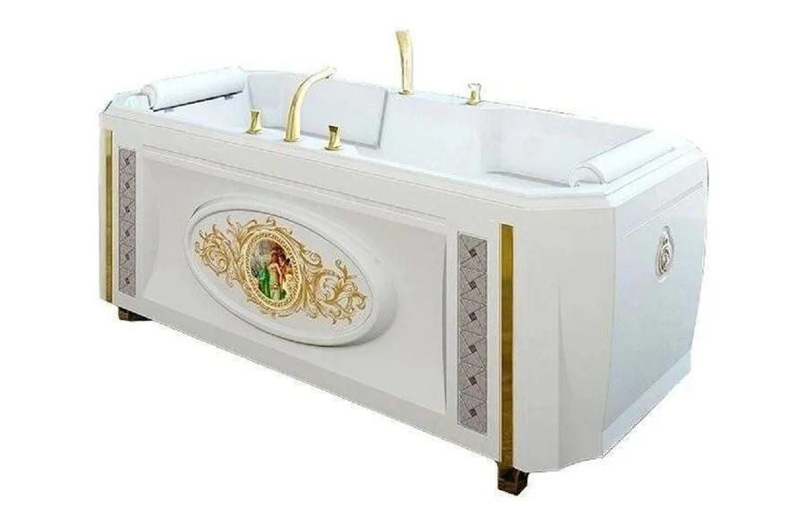 Акриловая ванна Fra Grande Фернандо-Gold 4-01-3-0-0-422, 190 x 90 см, рама-подставка на декоративных ножках, комплект панелей, подголовник - 2 шт., слив-перелив автомат, 10 форсунок Релакс, 6 минифорсунок Релакс, контроллер 200, белая/золото - фото 3