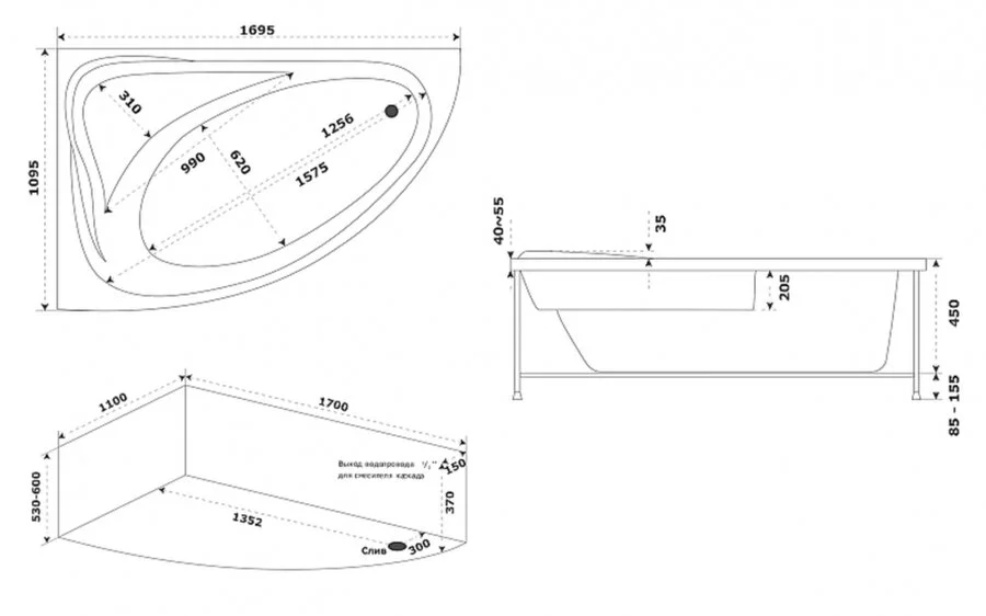 Ванна акриловая Bas Милан 170 х 110 см, L/R, белая, В 00061/В 00062 - фото 2