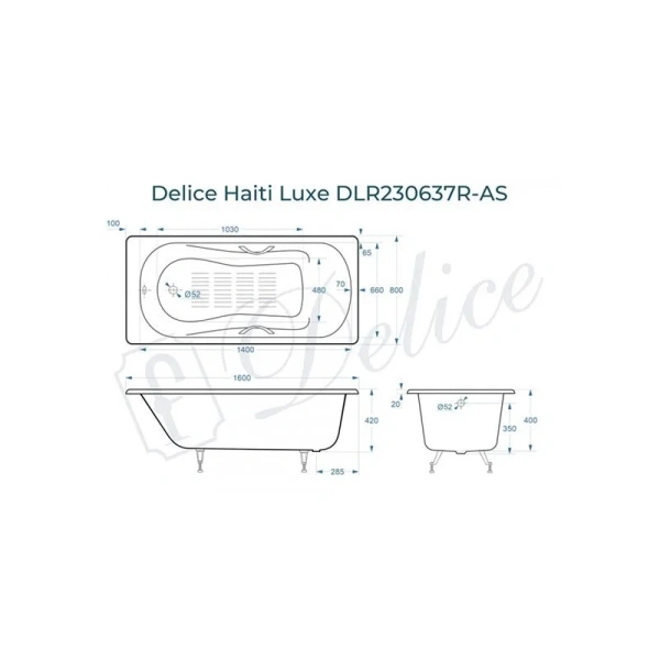 Ванна чугунная Delice Haiti Luxe 160х80 см с отверстиями под ручки и антискользящим покрытием - фото 2