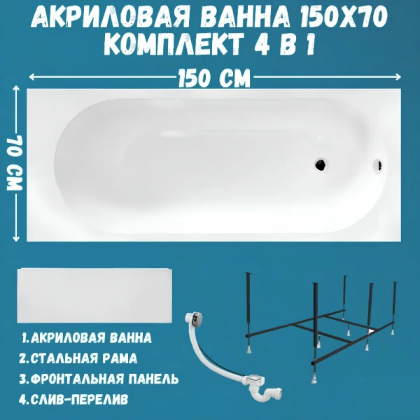 Ванна акриловая 1MarKa Atlas 01атл1570кп, 150 x 70 см, цвет белый, угловые, приставные, встраиваемые - фото 7