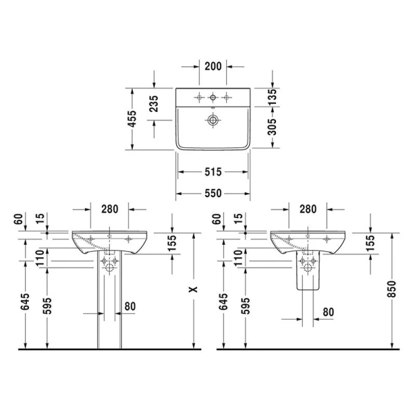Раковина с одним отверстием под смеситель Duravit P3 Comforts 2331550000, подвесные - фото 2