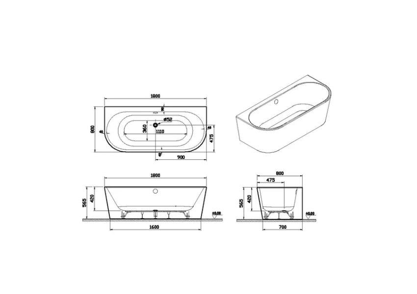 Ванна акриловая Vitra Geo 180 x 80 см, белая, 65420006000 - фото 2