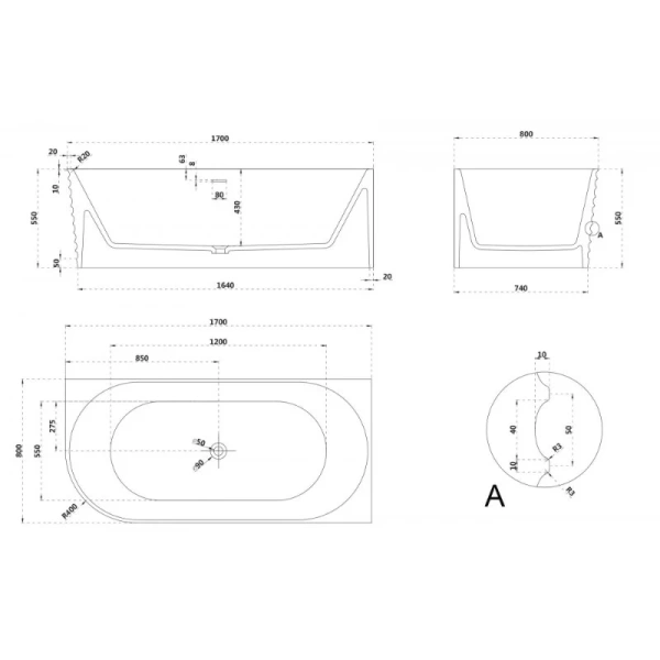 Ванна из искусственного камня Abber Stein 170x80 см правосторонняя, 170x80 см - фото 4