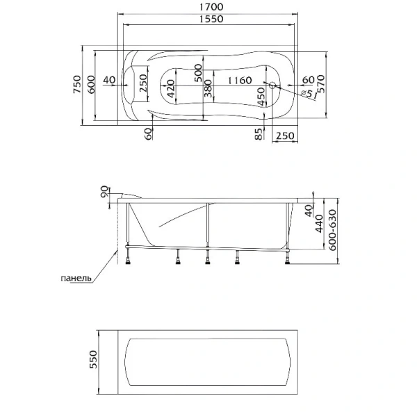 Ванна акриловая 1MarKa Calypso 01каи1775кп, 170 x 75 см, цвет белый - фото 2
