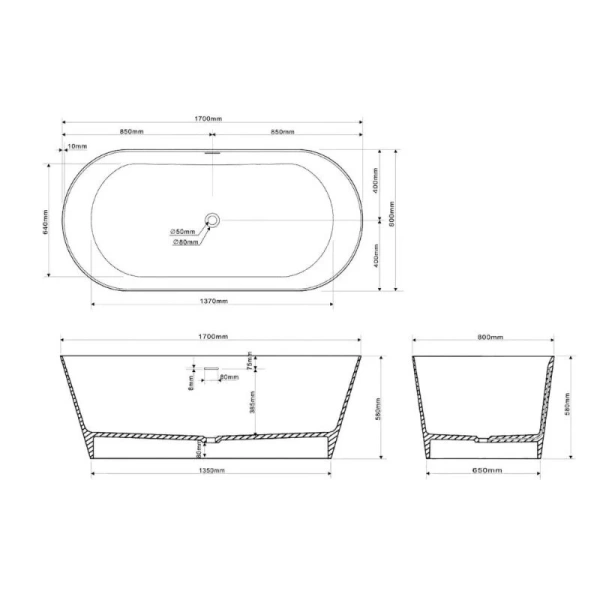 Ванна из искусственного камня Abber Stein 170x80 см белая матовая, овальные - фото 5