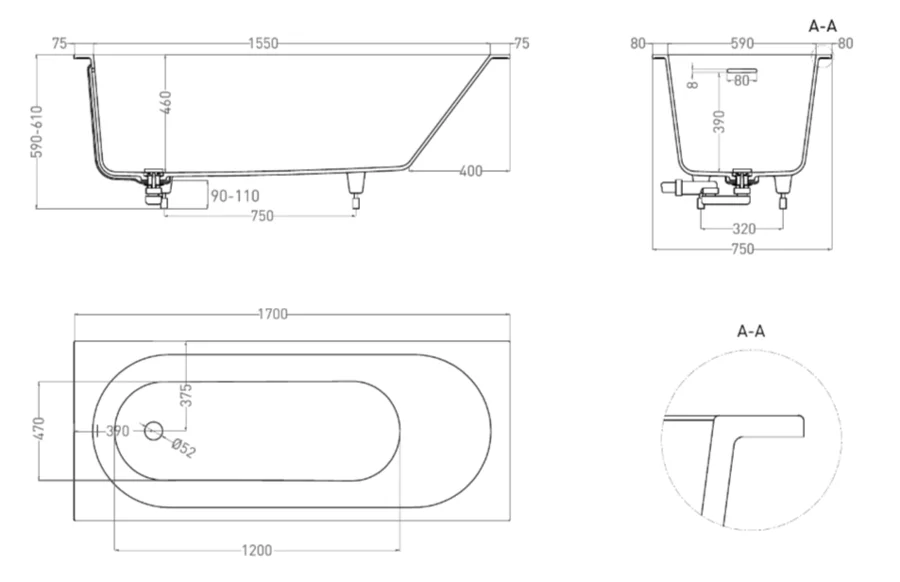 Ванна из искусственного камня Salini Ornella Kit 170x75 см S-Sense белая глянцевая, литьевой мрамор - фото 2