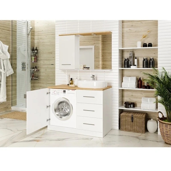 Тумба под раковину напольная Misty Респект 110 см белая/дуб артизан левая, под накладную раковину, для стиральной машины - фото 5