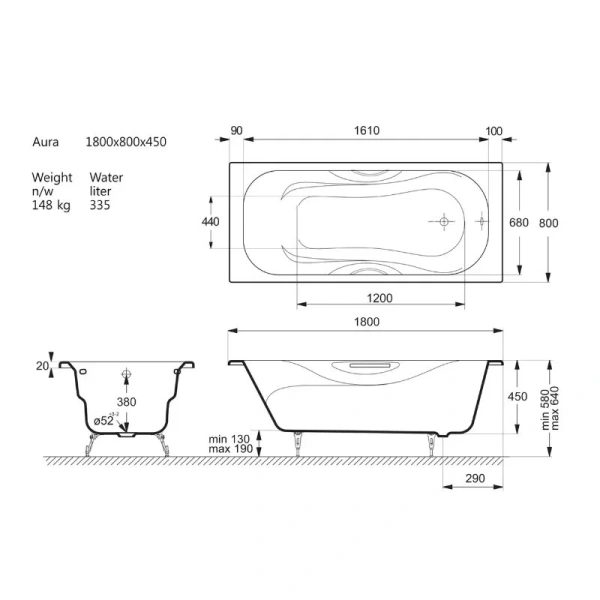 Чугунная ванна Vinsent Veron Aura VAU1808045H, 180 x 80 см, с отверстиями под ручки, цвет белый - фото 2