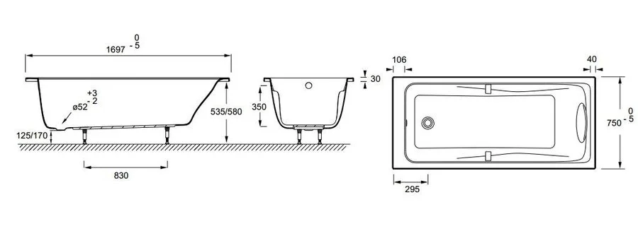 Ванна акриловая Jacob Delafon Struktura E6D021 170х75 см прямоугольная - фото 3