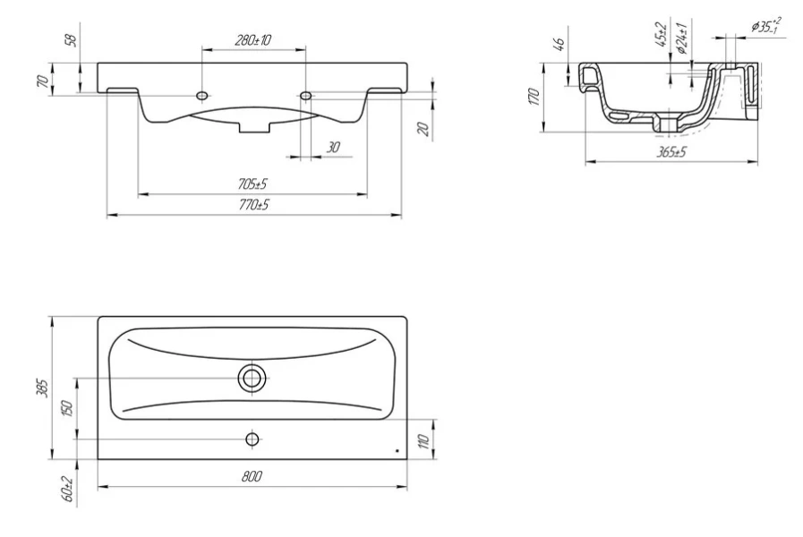 Раковина Cersanit Moduo Slim 80 см белая, 1 отверстие для смесителя, современные, hi-tech - фото 2