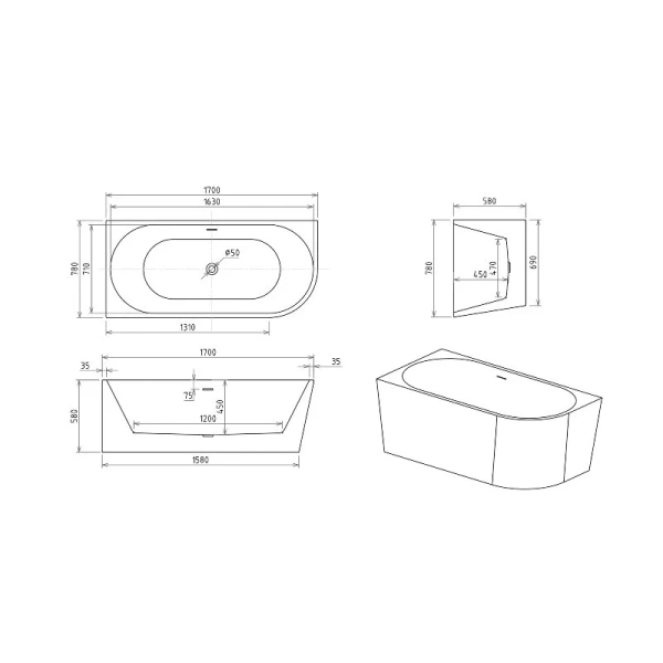Ванна акриловая Royal Bath Riva RB610311L-WT/RB610311R-WT, 170 x 78 см, левая/правая, цвет белый - фото 3