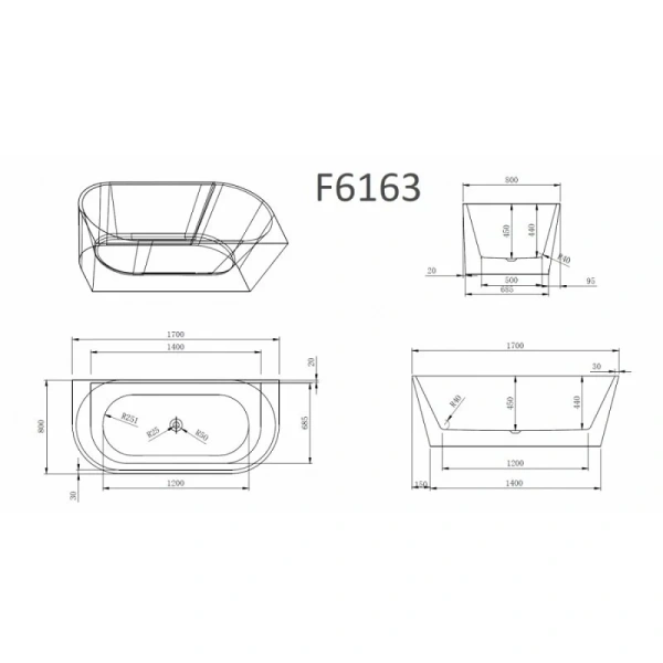 Ванна акриловая Frank F6163, 12531, 170 х 80 см, цвет белый/черный - фото 2