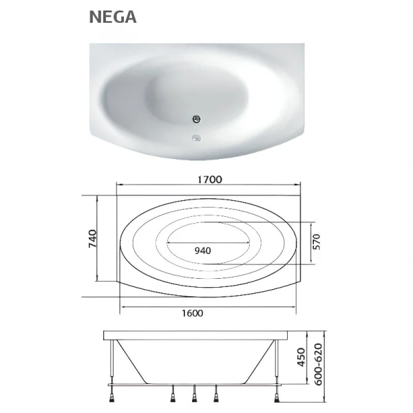 Ванна акриловая 1MarKa Nega 01нег1795кс2+, 170 x 95 см, цвет белый - фото 2