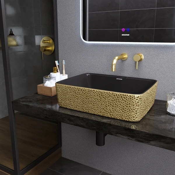 Раковина Grossman Color 48 см золото/черная с текстурой кожи - фото 4