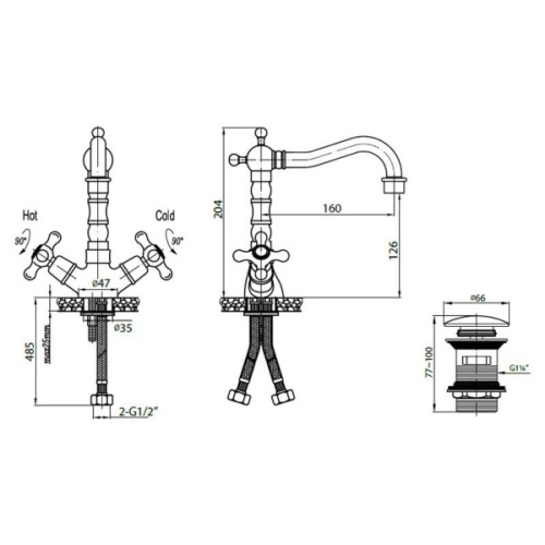 Смеситель для раковины Cezares Retro-C-LS2 с донным клапаном - фото 4