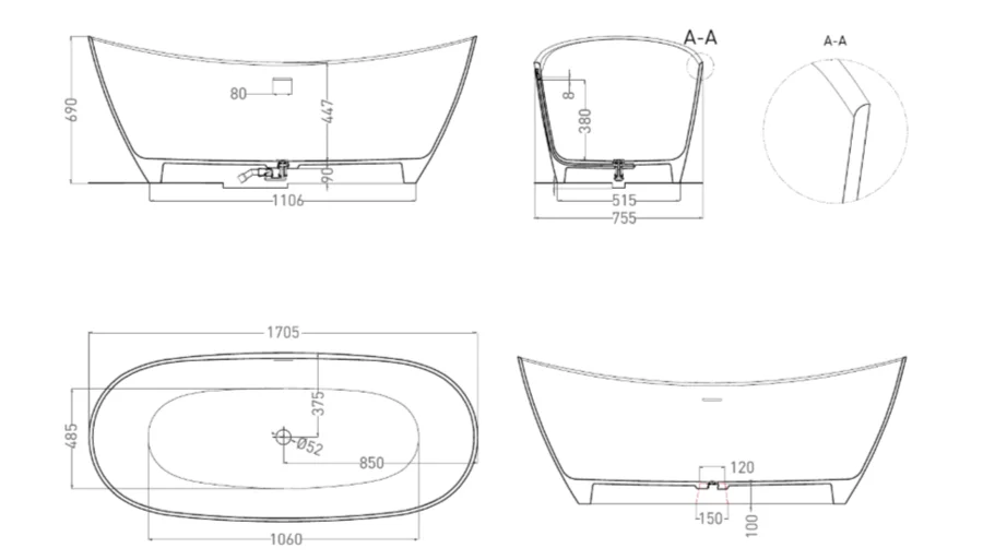 Ванна из искусственного камня Salini Noemi 170x75 см белая глянцевая - фото 2