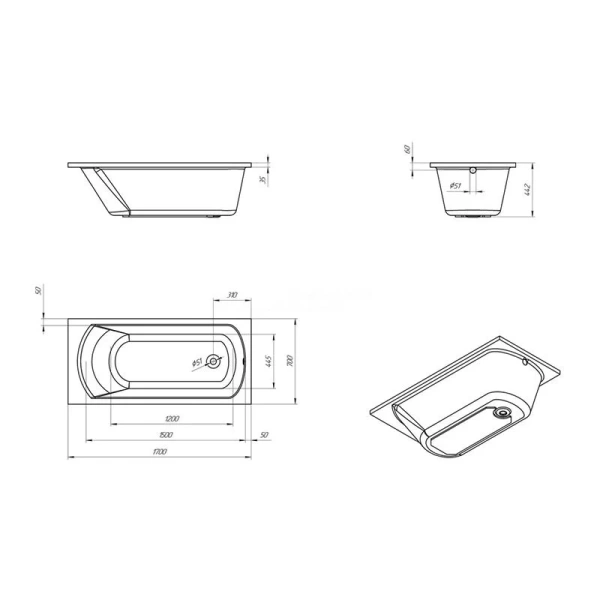 Акриловая ванна Eurolux Miamika Multi size E1017070032, 170 х 70 см, с возможностью подрезки, белая - фото 3