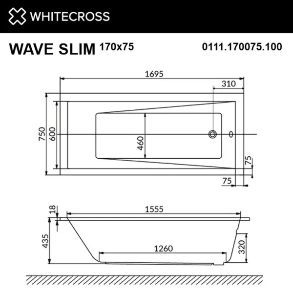 Ванна акриловая Whitecross Wave Slim, 170 х 75 см, белая, 0111.170075.100, прямоугольные - фото 5