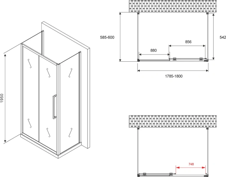 Душевой уголок Abber Schwarzer Diamant 180x60 см профиль черный, стекло прозрачное, стеклянные, пристенные, без поддона - фото 5