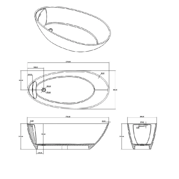 Акриловая ванна Timo MARI1700, 170 х 80 см, цвет белый - фото 2