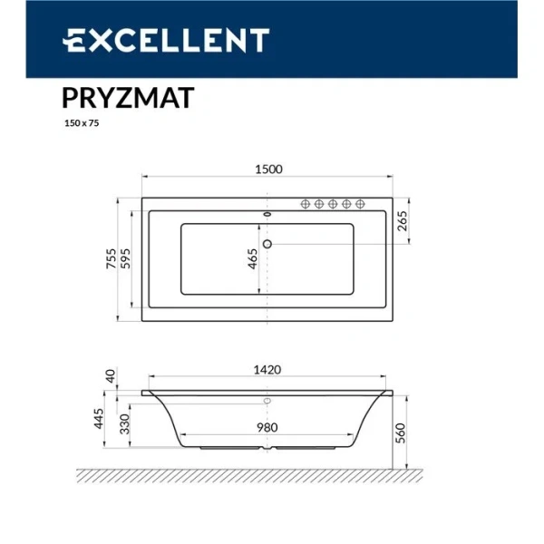Ванна гидромассажная Excellent Pryzmat Line 150 x 75 см, белый/хром, WAEX.PRY15.LINE.CR - фото 2