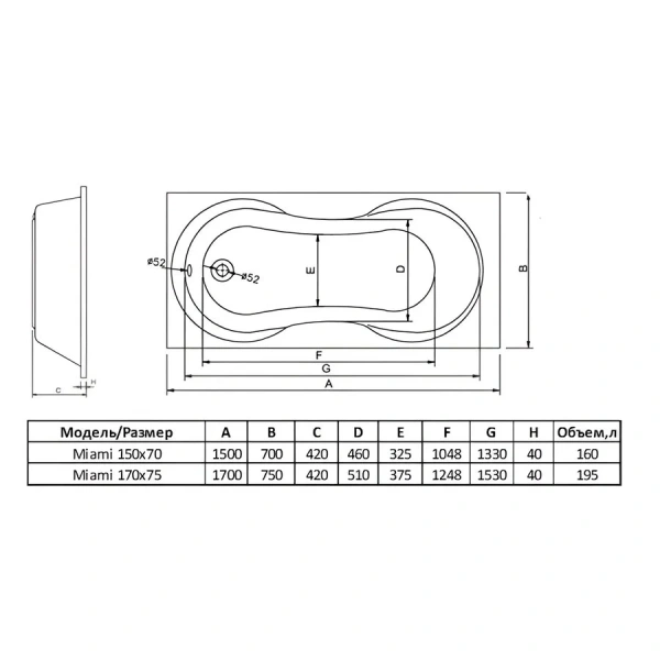 Ванна акриловая Alba Spa Miami ВПР0250300100, 170 x 75 см, цвет белый, 170х75 - фото 4