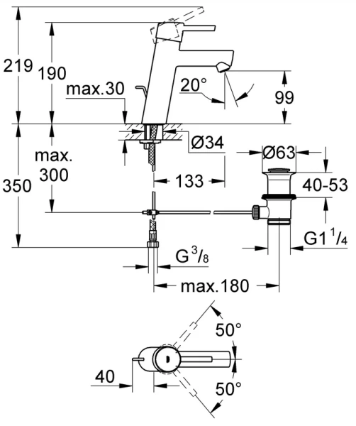 Смеситель для раковины Grohe Concetto 23450001, округлая форма, с донным клапаном - фото 5