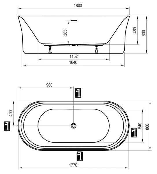 Ванна акриловая Ravak Ypsilon XC00100046, 180 x 80 см, отдельностоящая, белая, слив-перелив белый - фото 2