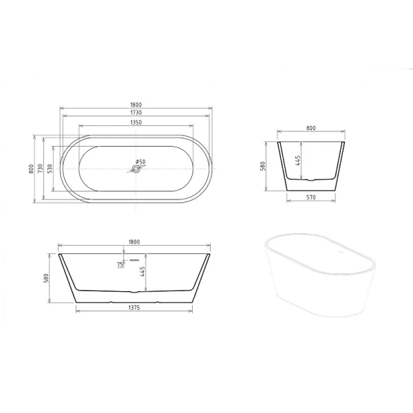 Ванна акриловая Royal Bath Pafos RB610000GR, 180 x 80 см, цвет белый - фото 2