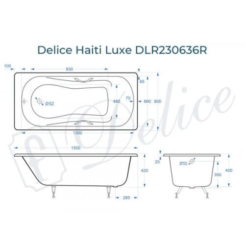 Ванна чугунная Delice Haiti Luxe 150х80 см с отверстиями под ручки, прямоугольные - фото 4