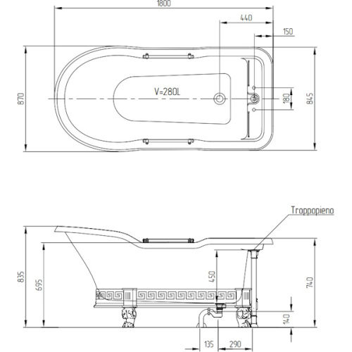 Ванна из искусственного камня Migliore Impero Affusto 180х87 см фурнитура хром - фото 3