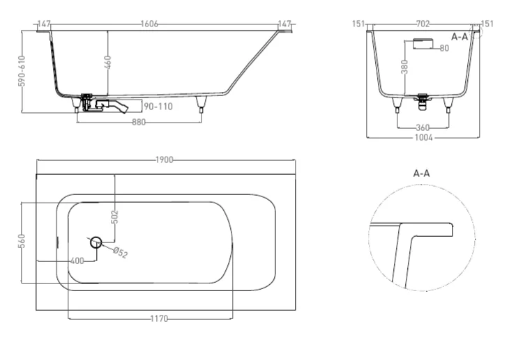 Ванна из искусственного камня Salini Orlando Vasta Kit 190x100 см S-Sense белая глянцевая, литьевой мрамор - фото 2