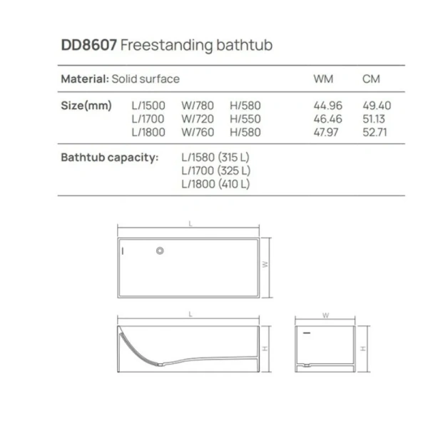 Ванна DEA Design Modern DD8607 1800 5, 180 х 76 см, из искусственного камня, цвет графит, искусственный камень - фото 2