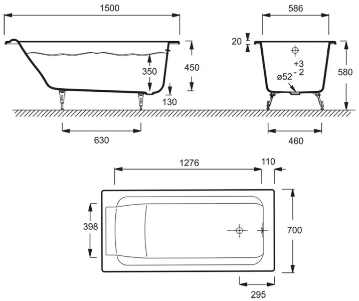 Ванна чугунная Jacob Delafon Parallel 150х70 см без отверстий для ручек - фото 2