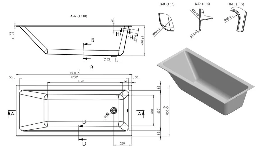 Ванна акриловая Cersanit Crea A64873, 180 x 80 см, белый - фото 2