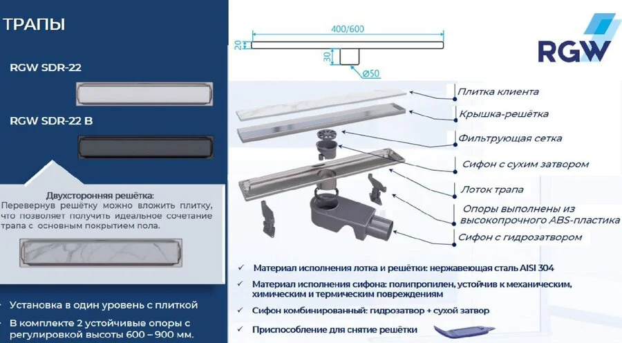 Душевой лоток RGW SDR 60 см с двухсторонней решеткой хром, с сухим затвором, с мокрым затвором - фото 6