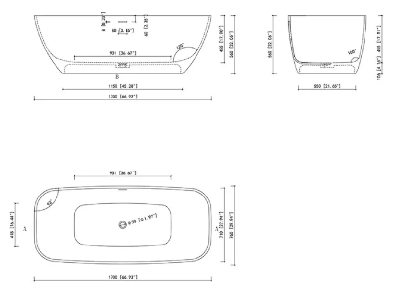 Ванна Uni-Flow Cono из искусственного камня Solid surface FS306-1700 Gloss White, 170 х 80 см, белая - фото 2