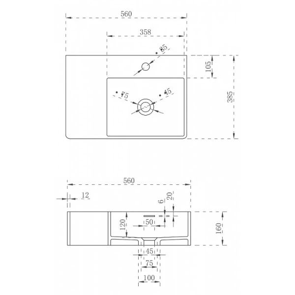 Раковина Abber Stein 56 см правосторонняя, накладные (на столешницу), пристенные - фото 3