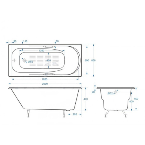 Ванна чугунная Delice Maestro 200х85 см с отверстиями под ручки - фото 2