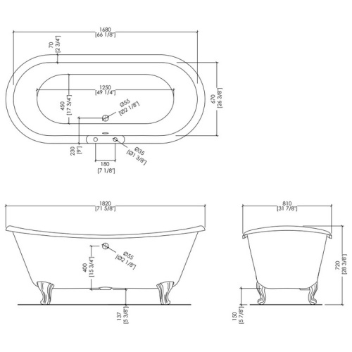 Ванна чугунная Devon & Devon Admiral 182х81 см два отверстия под смеситель, ножки белые, 180x80 см - фото 4