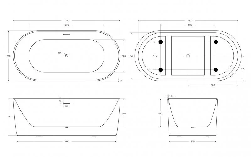 Ванна акриловая BelBagno 170x80 см белая матовая - фото 3