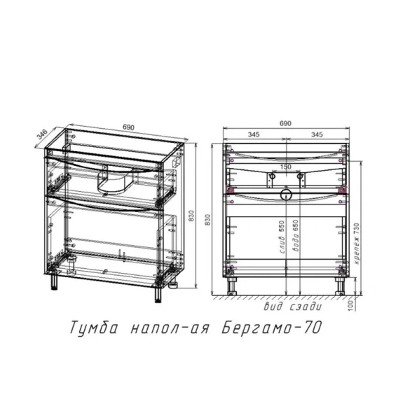 Тумба под раковину напольная Style Line Бергамо 70 см белая, в наличии - фото 2