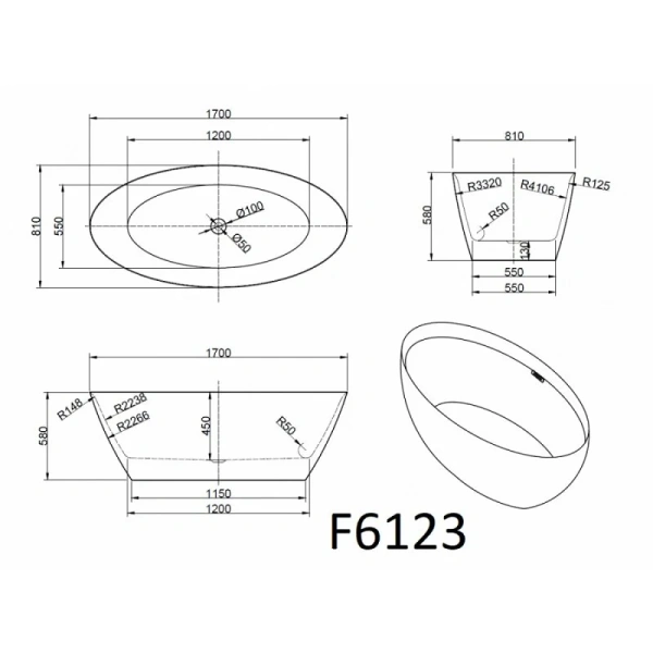 Ванна акриловая Frank F6123, 12527, 170 х 80 см, цвет черный, современныe, hi-tech - фото 3