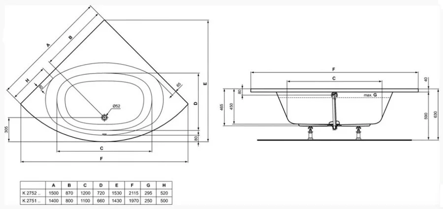 Ванна акриловая Ideal Standard Hotline K2751 140х140 см асимметричная - фото 3