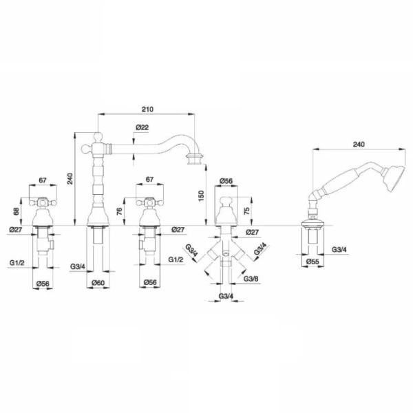 Смеситель для ванны Migliore Revival 19 на 5 отверстий - фото 2