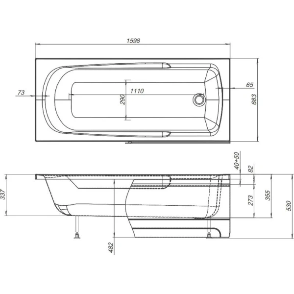 Ванна акриловая Diwo Ростов 160 x 68 см, с ножками, цвет белый, 274648/274647 - фото 2